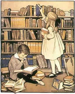 Sexe et littératur : petit garçon et petite fille devant une bibliothèque