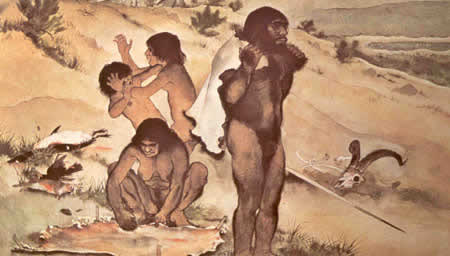 Nos origines; dessin d’une famille à la préhistoire