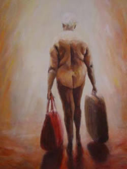 Vieille femme nue portant valises