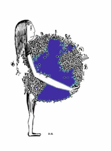 Surpopulation : bd d’une fille avec un ventre gonflé, sous forme de globe terrestre 