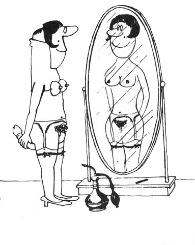 Travesti: BD , illustration d’un homme qui se déguise en femme devant le miroir