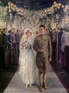 Rituels de mariage; tableau ancien avec couple de mariés  marchant sous tonnelle de fleurs