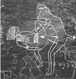 Nos origines; ancienne peinture murale d’un animal  avec une femme